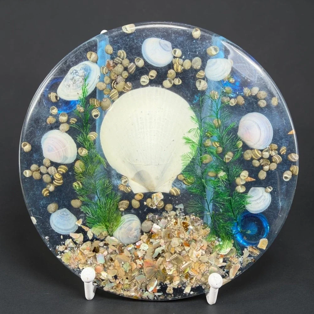 Vintage Lucite Seashell Trivet 6 Inch Round Clear Resin Coastal Decor Blue White